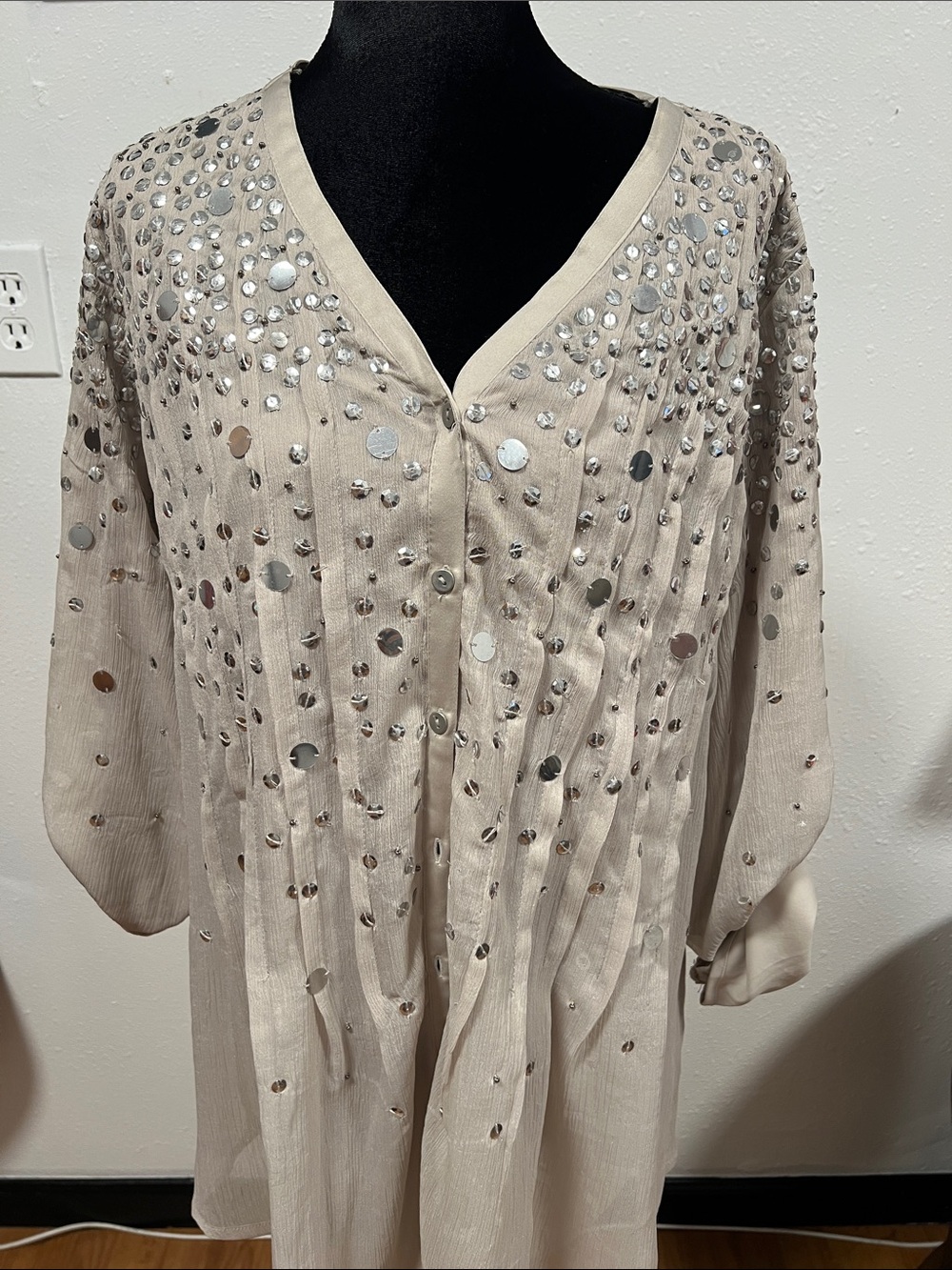 Beige Sequin Embellished Button-Front Blouse